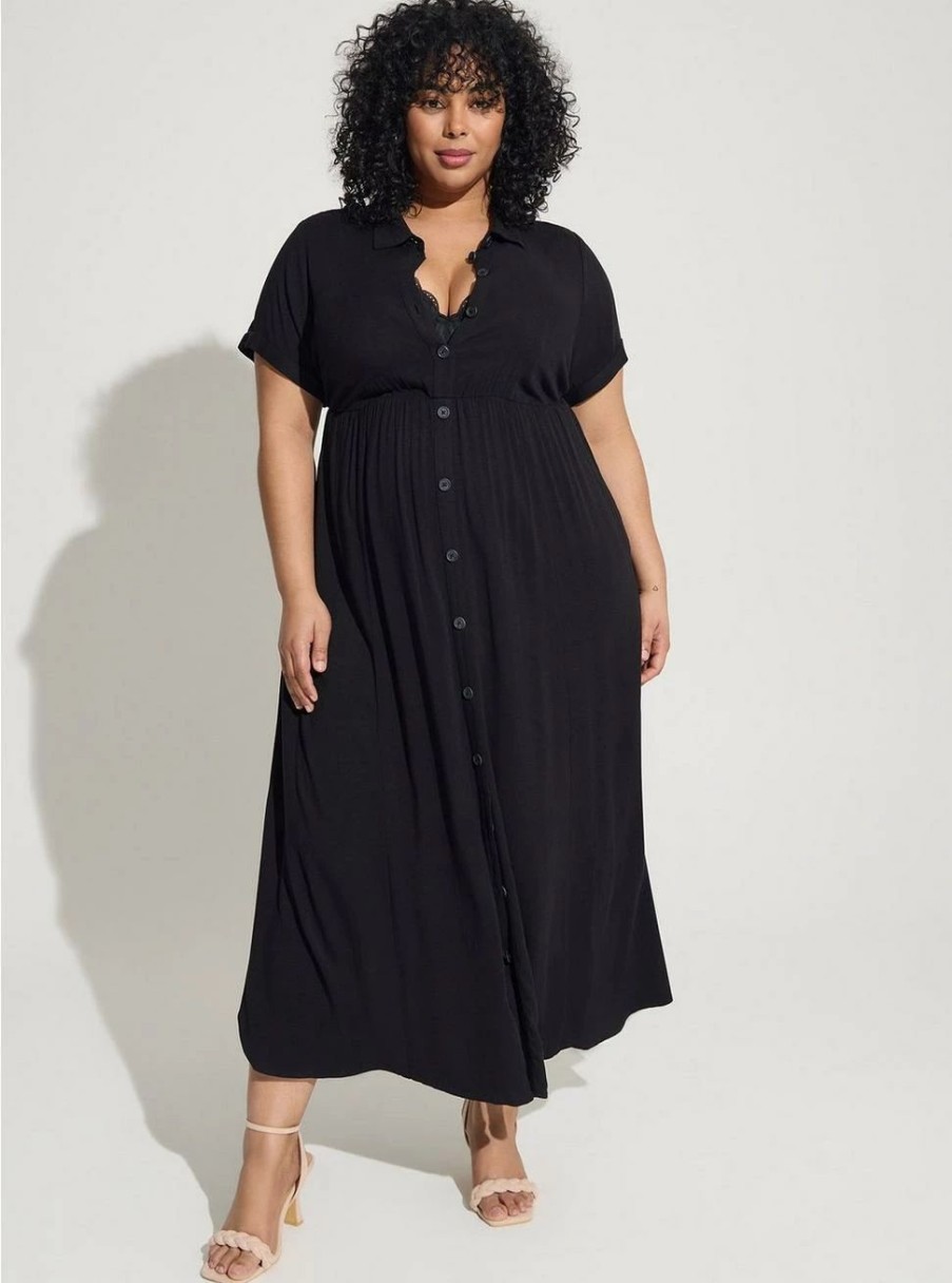 Dresses * | Torrid Maxi Rayon Slub Button Front Godet A-Line Dress