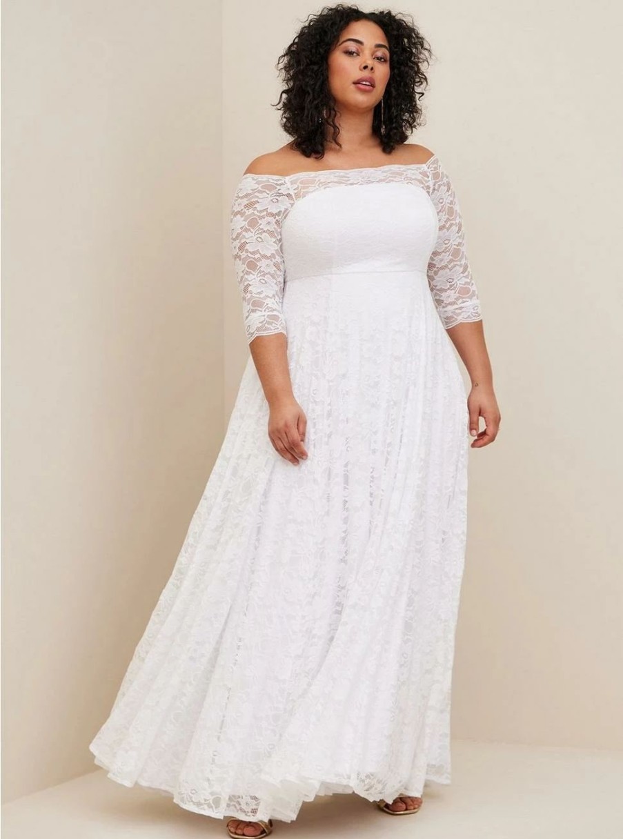 Dresses * | Torrid White Lace Off Shoulder A-Line Wedding Dress