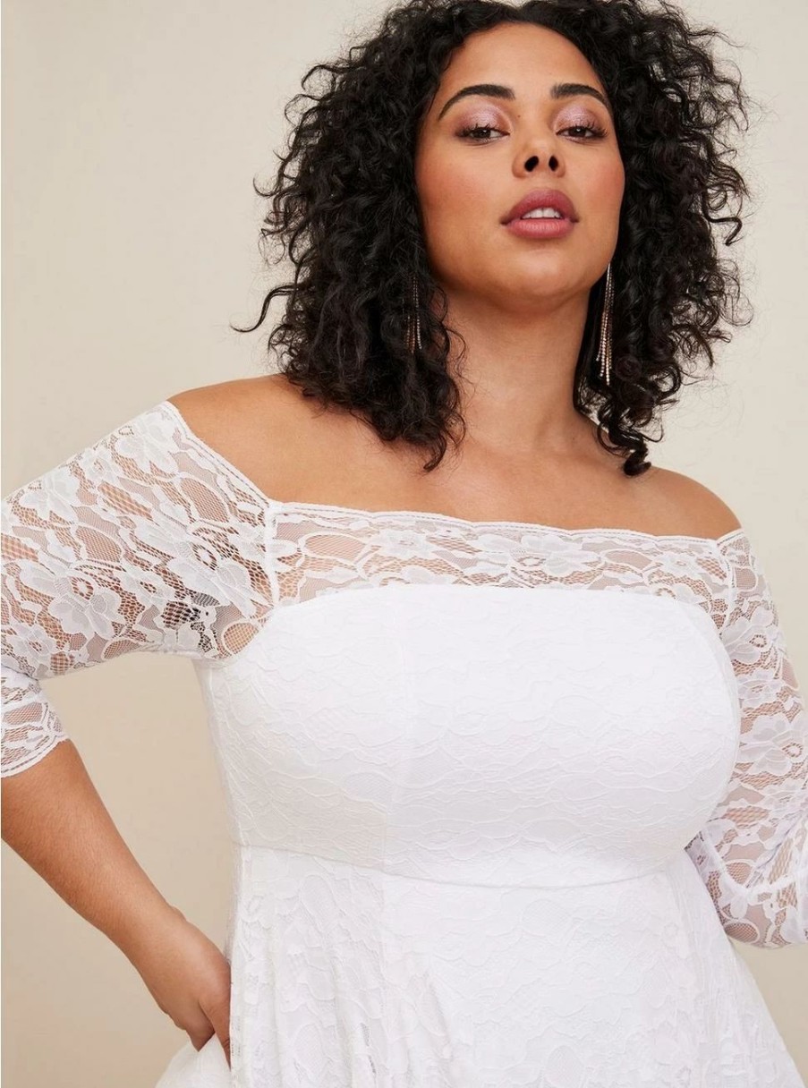 Dresses * | Torrid White Lace Off Shoulder A-Line Wedding Dress