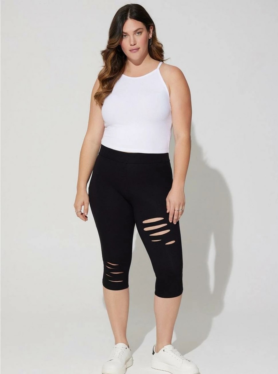 Bottoms * | Torrid Pedal Pusher Premium Legging Asymmetrical Destruction Black