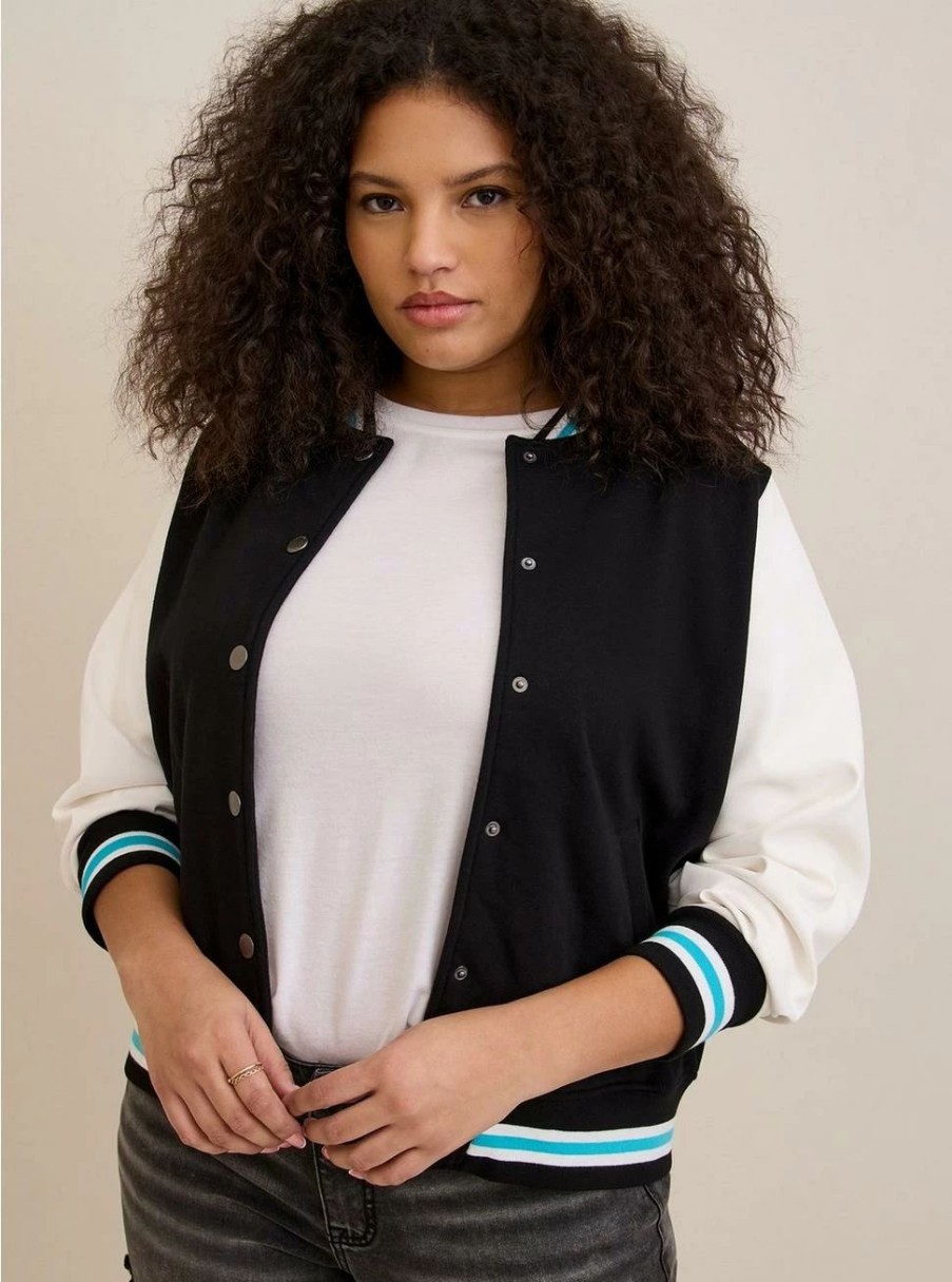 Jackets * | Torrid Fleece Faux Leather Sleeve Varsity Bomber Jacket