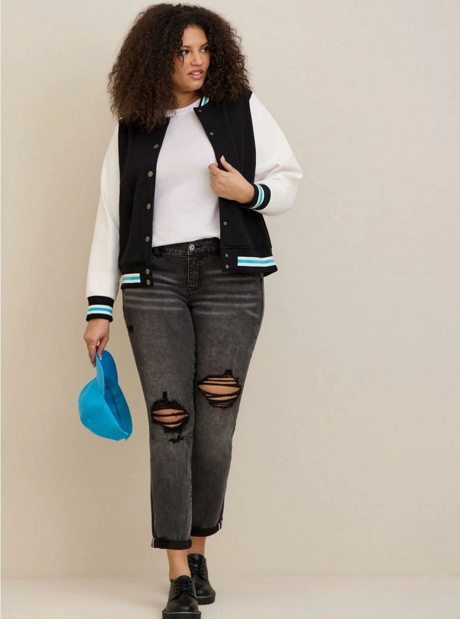 Jackets * | Torrid Fleece Faux Leather Sleeve Varsity Bomber Jacket