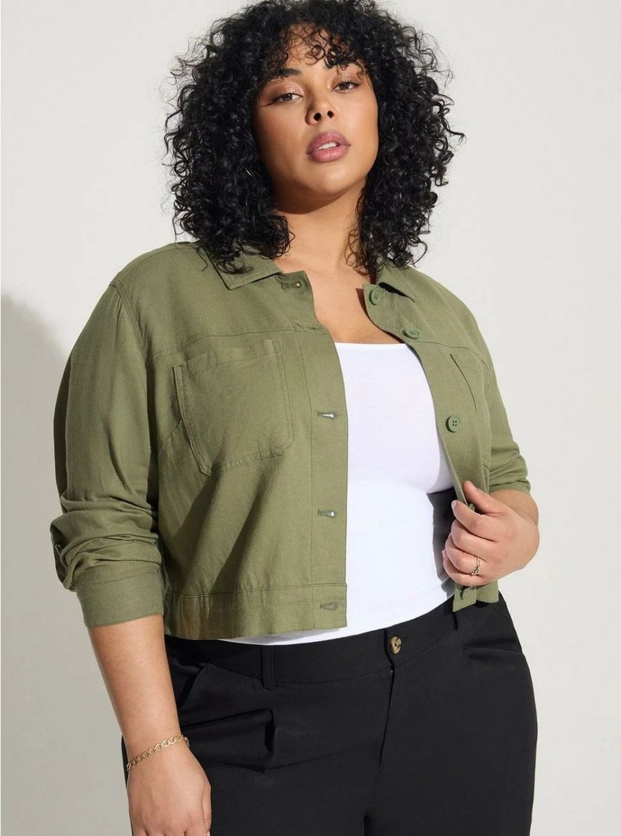 Jackets * | Torrid Linen Crop Patch Pocket Jacket