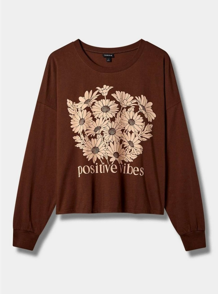 Tops * | Null Positive Vibes Relaxed Fit Cotton Jersey Crew Neck Long Sleeve Crop Tee