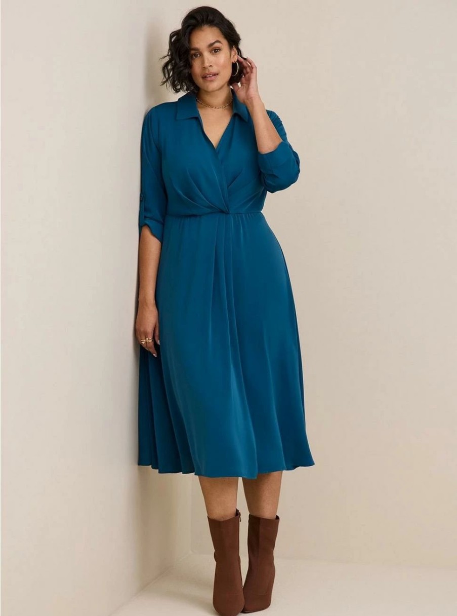 Dresses * | Torrid Midi Studio Crepe De Chine Collared Shirt Dress