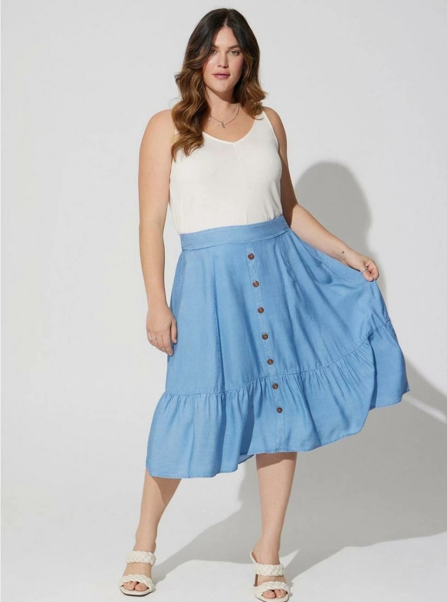 Bottoms * | Torrid Midi Chambray Button Up Tiered Skirt