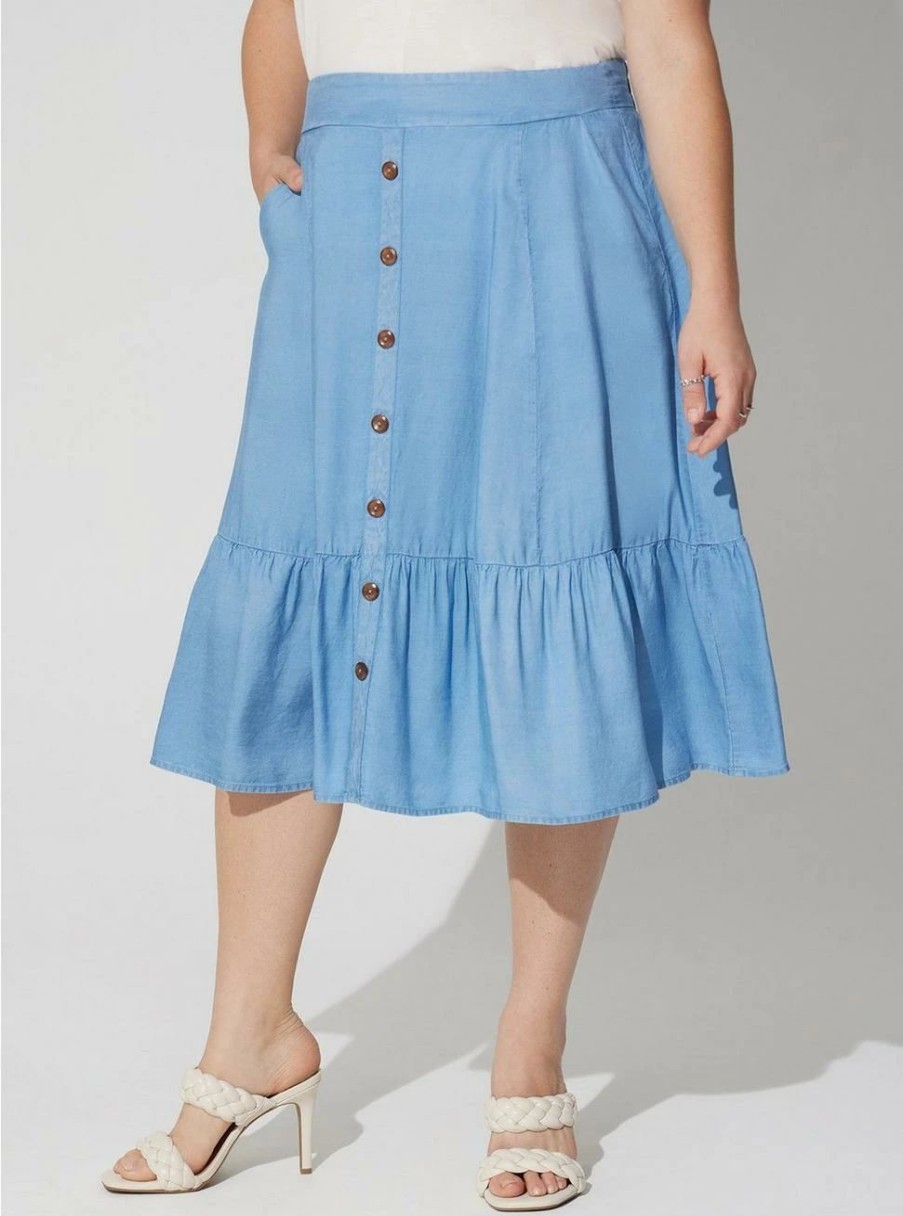 Bottoms * | Torrid Midi Chambray Button Up Tiered Skirt