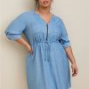 Dresses * | Torrid Mini Chambray Zip Front Shirt Dress