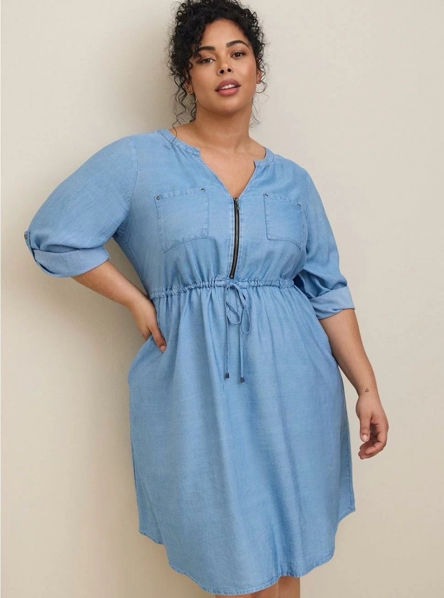 Dresses * | Torrid Mini Chambray Zip Front Shirt Dress