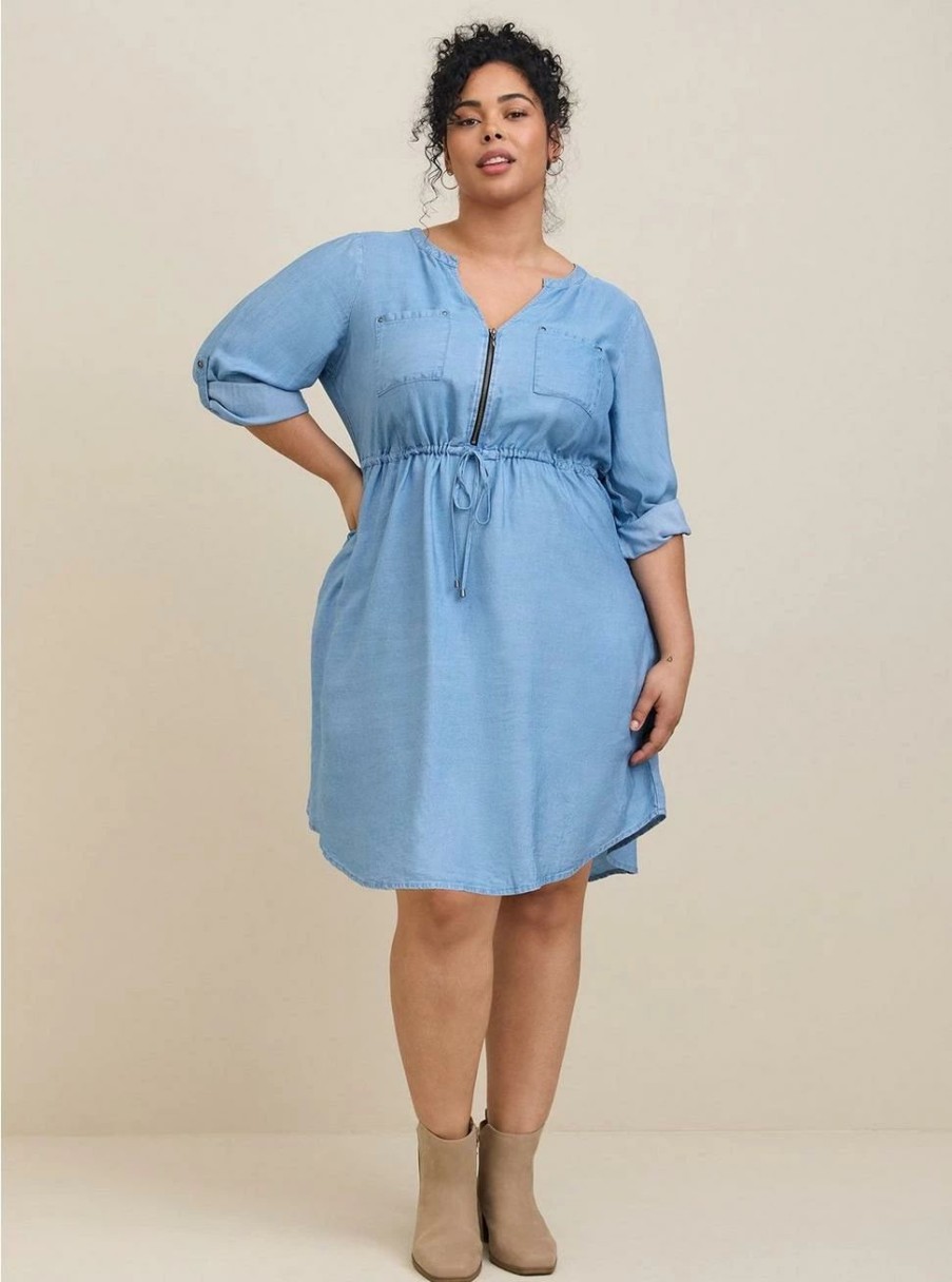 Dresses * | Torrid Mini Chambray Zip Front Shirt Dress