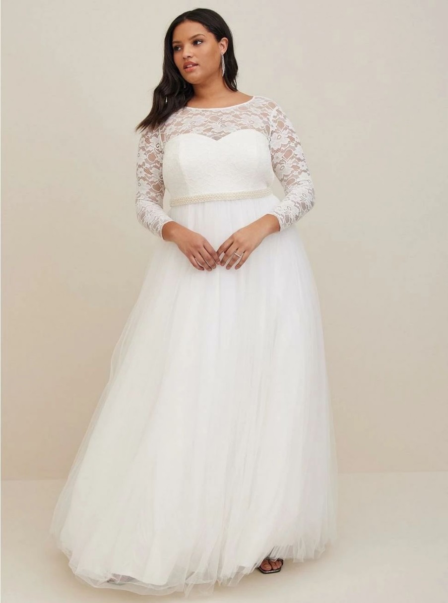 Dresses * | Torrid Ivory Lace & Tulle Beaded Sash A-Line Wedding Dress