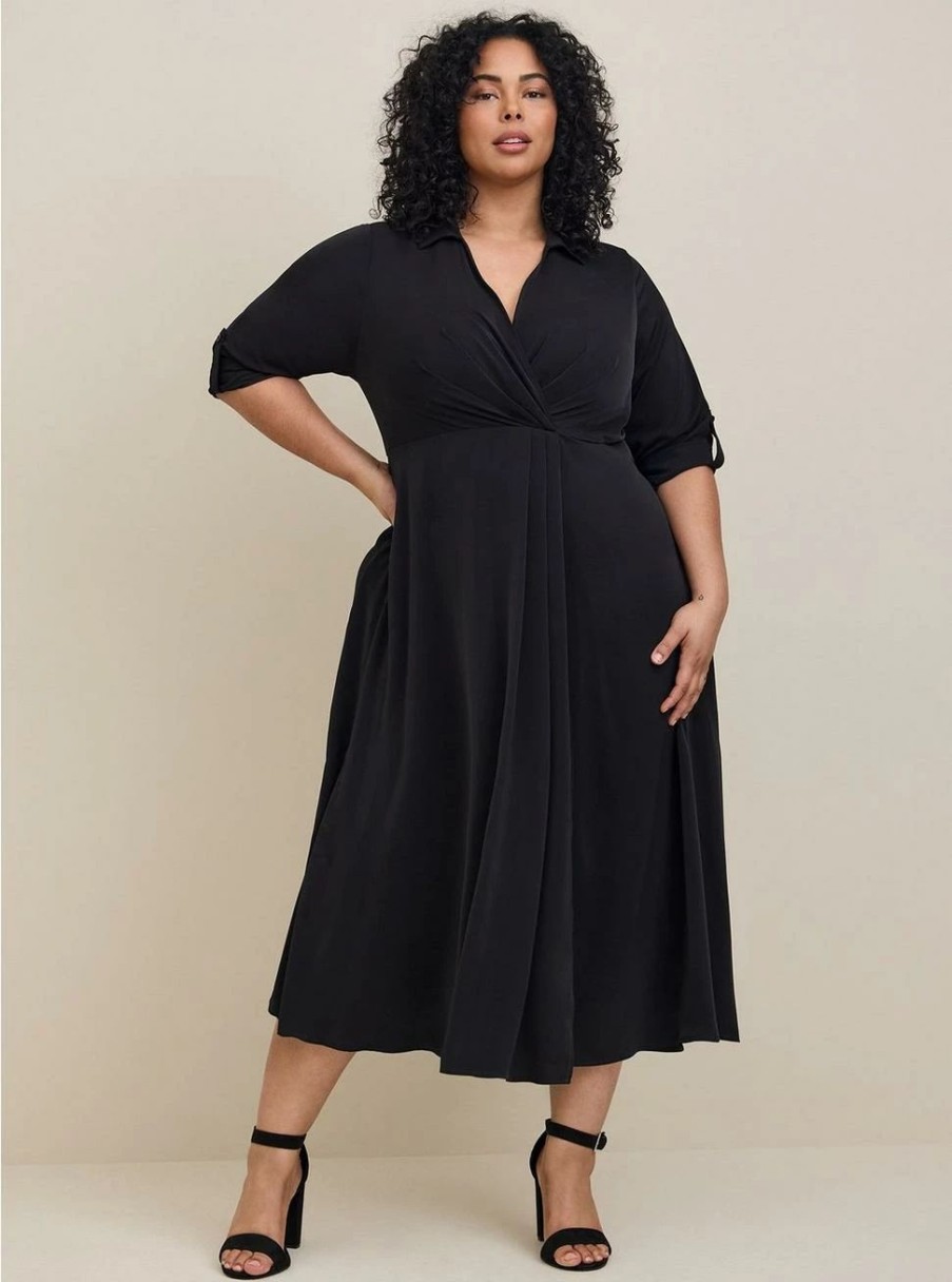 Dresses * | Torrid Midi Studio Crepe De Chine Collared Shirt Dress