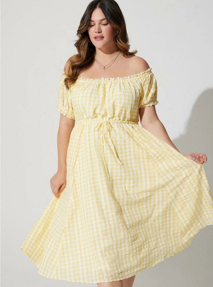 Dresses * | Torrid Midi Seer Sucker Off Shoulder Peasant Dress