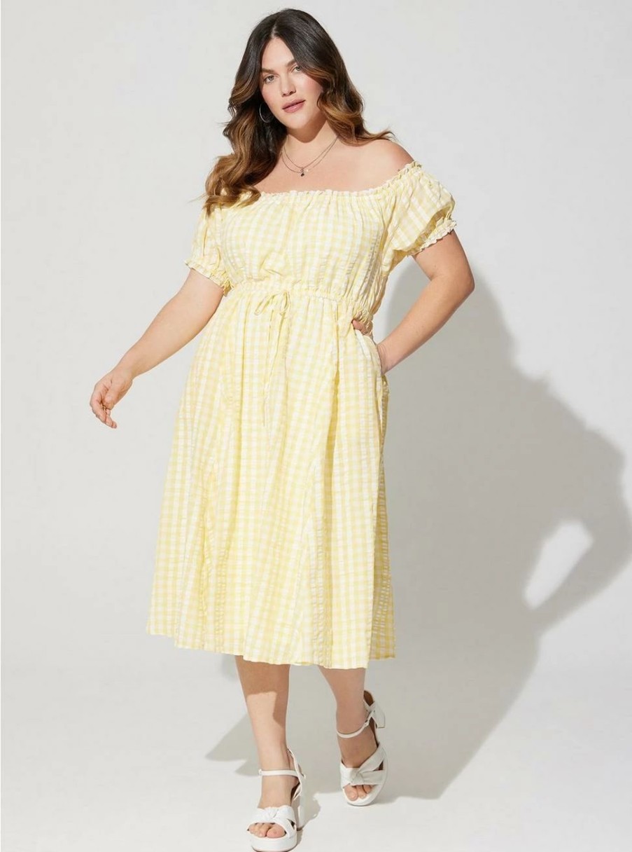 Dresses * | Torrid Midi Seer Sucker Off Shoulder Peasant Dress