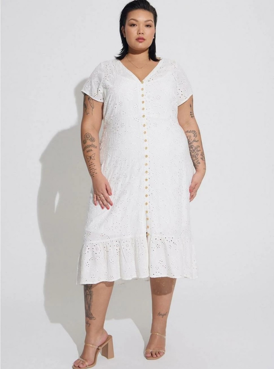 Dresses * | Torrid Midi Eyelet Hi Low Button Front Shirt Dress