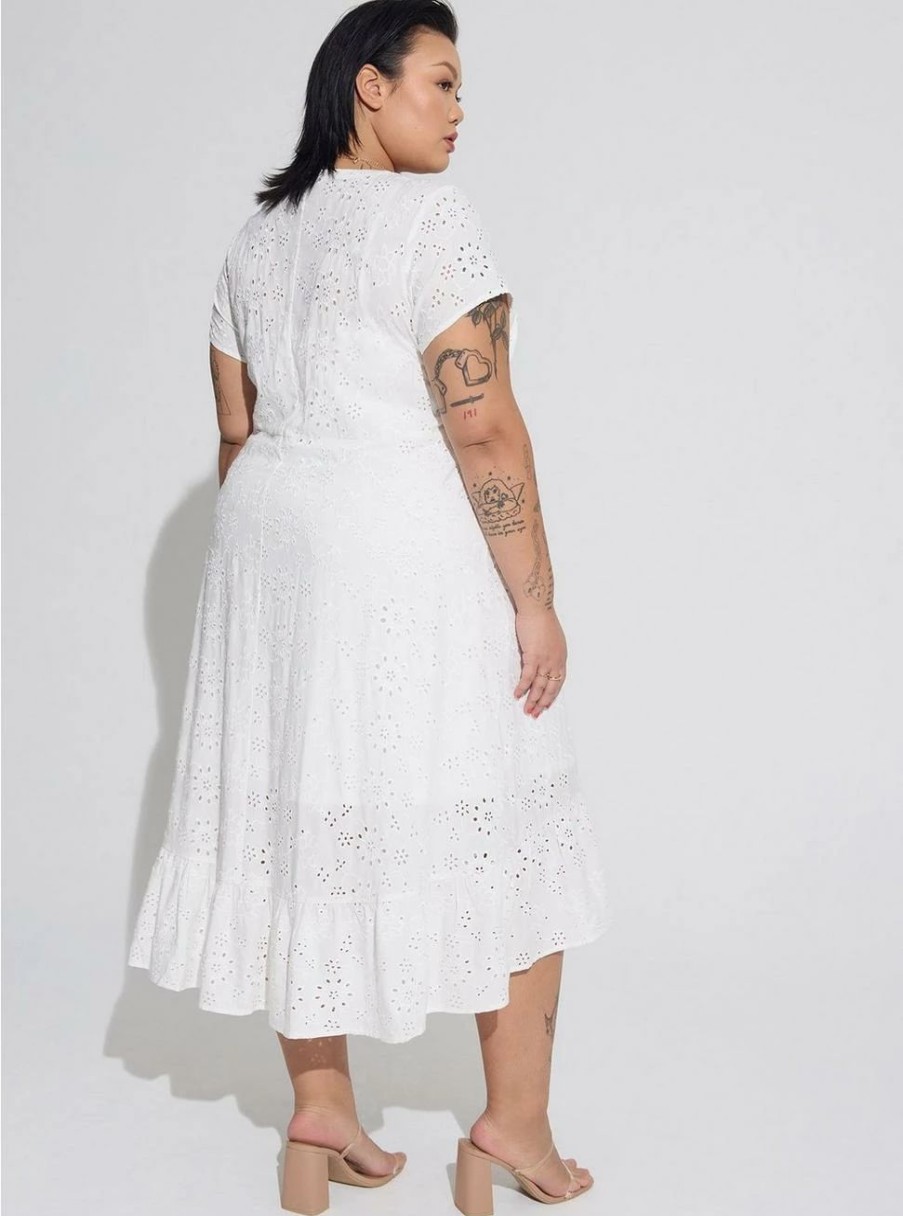 Dresses * | Torrid Midi Eyelet Hi Low Button Front Shirt Dress