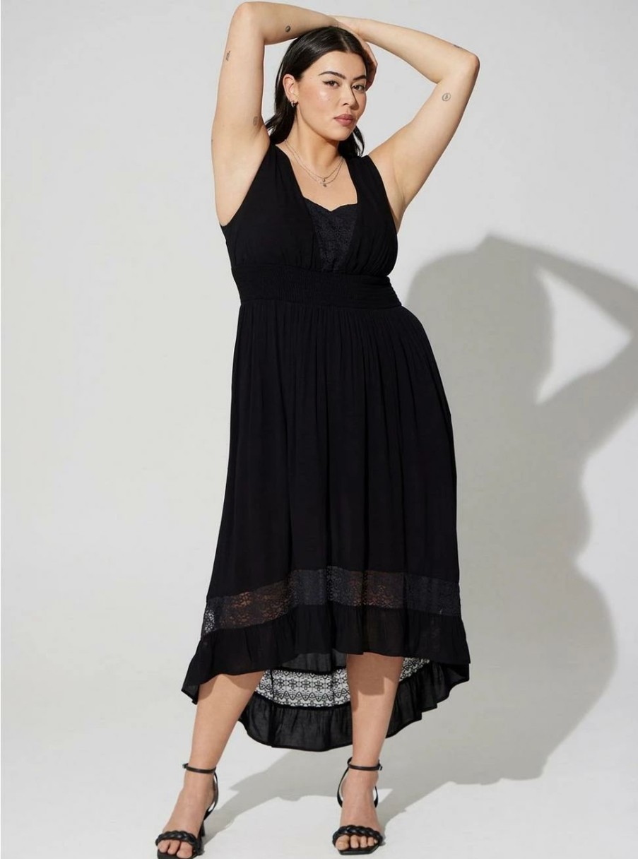 Dresses * | Torrid Maxi Gauze Lace Inset Hi Low Dress