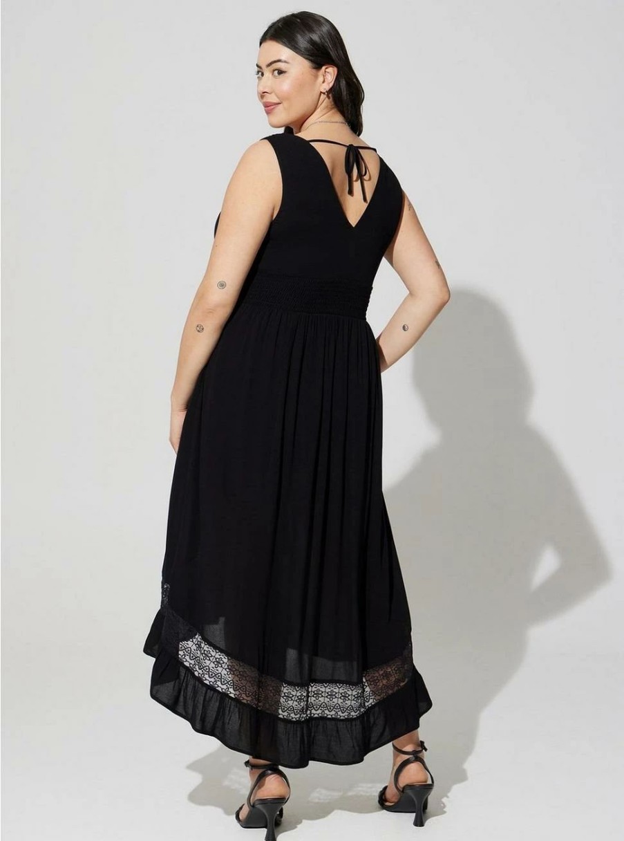 Dresses * | Torrid Maxi Gauze Lace Inset Hi Low Dress