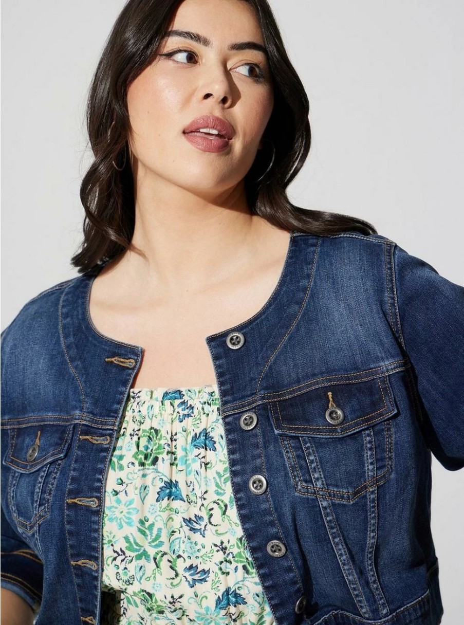 Jackets * | Torrid Denim Crop Collarless Jacket