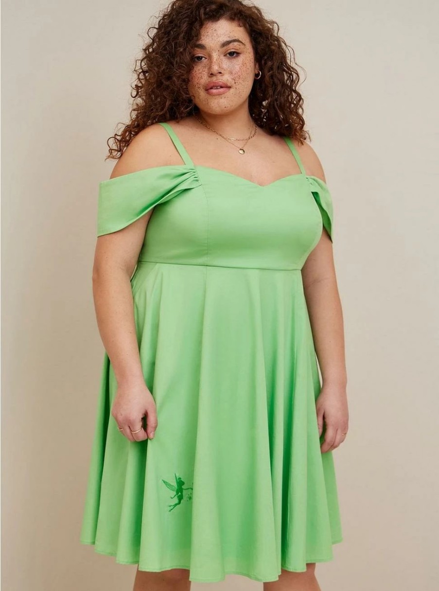 Dresses * | Torrid Disney Tinkerbell Stretch Poplin Off Shoulder Dress