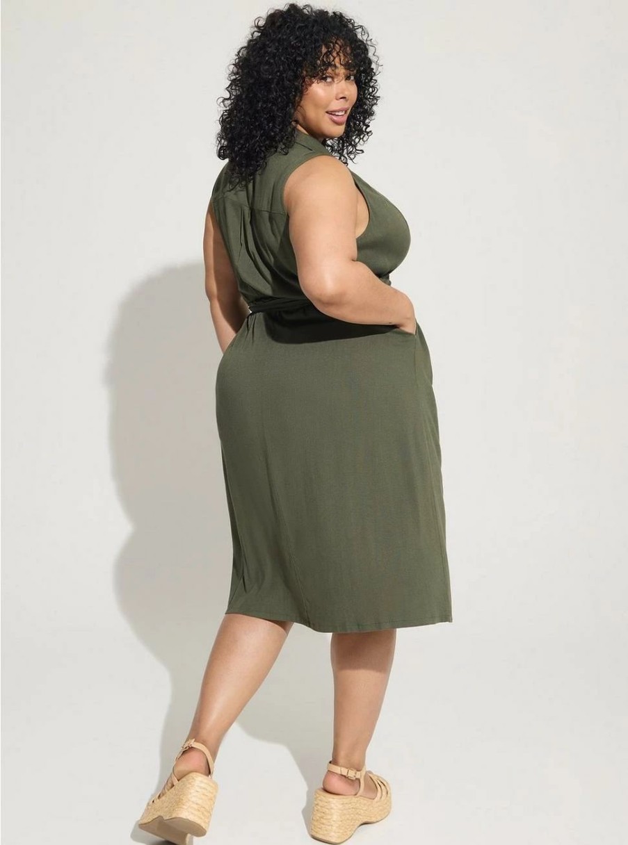 Dresses * | Torrid Midi Rayon Slub Sleeveless Shirt Dress