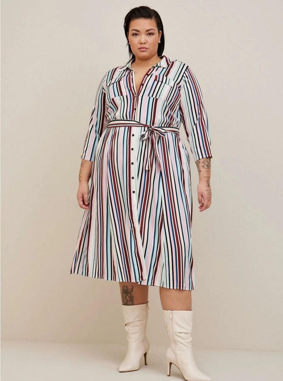 Dresses * | Torrid Midi Stretch Challis Button Front Shirt Dress Multi Stripe