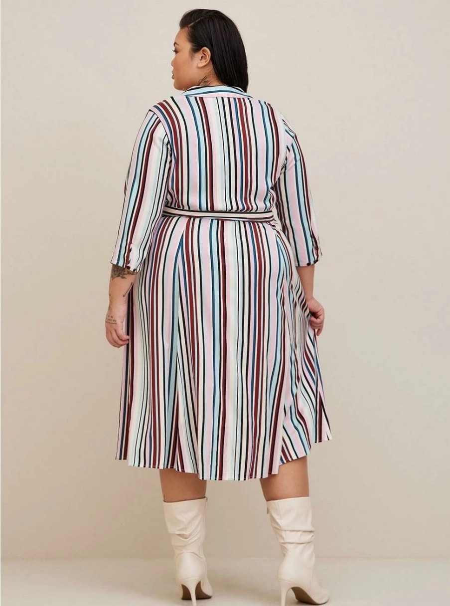 Dresses * | Torrid Midi Stretch Challis Button Front Shirt Dress Multi Stripe