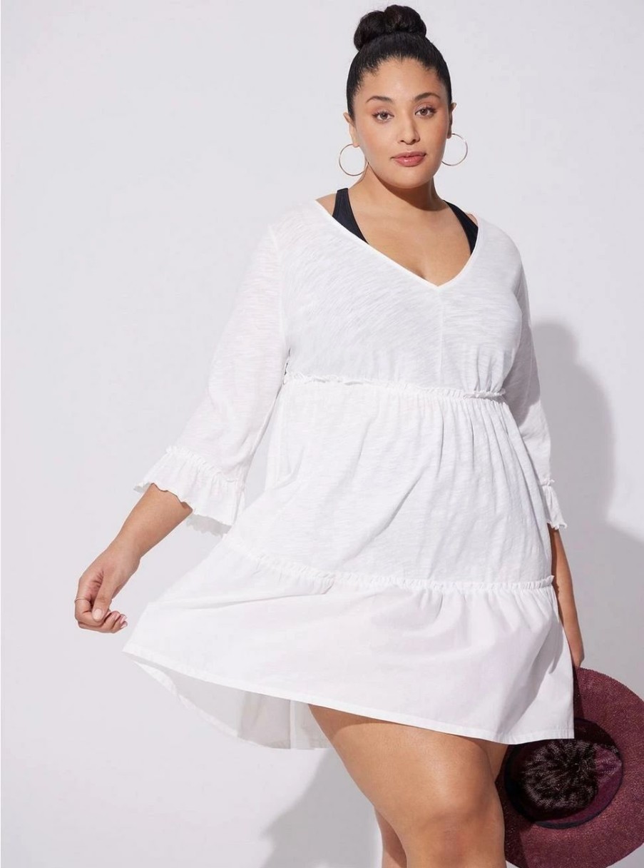 Dresses * | Torrid Mini Cotton Ruffle Long Sleeve Beach Dress