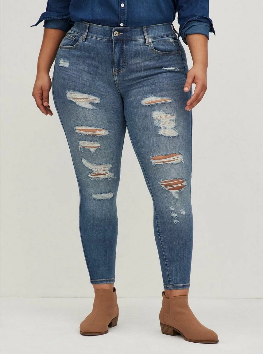 Jeans * | Torrid Bombshell Skinny Premium Stretch High-Rise Destructed Jean