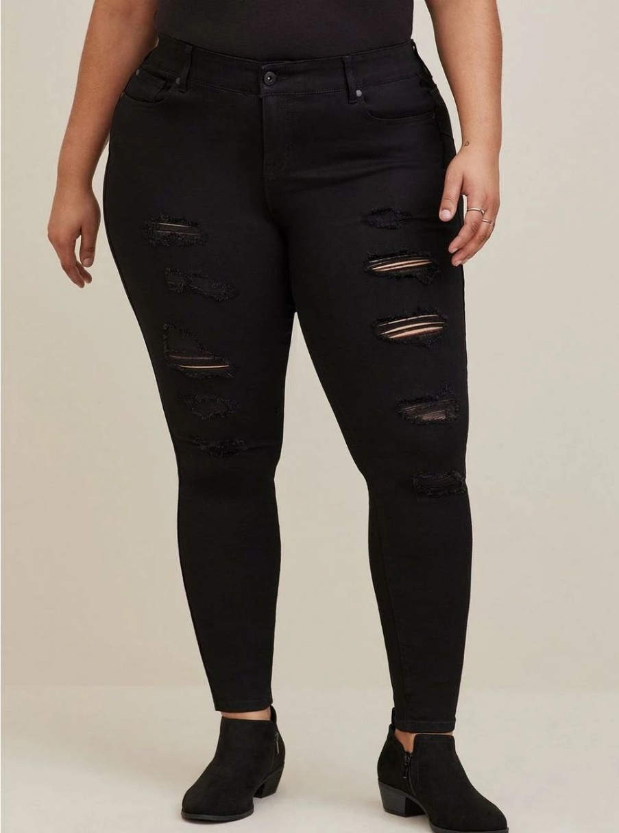 Jeans * | Torrid Bombshell Skinny Premium Stretch High-Rise Destructed Jean